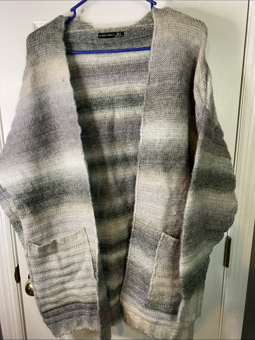 Black Tape_ Gray and Cream Ombre Open-Front Black Cardigan Size Small.